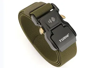Detail view of the heavy-duty army green tactical nylon belt with matte black quick release buckle