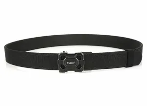 Detail shot of heavy-duty nylon tactical belt with a black metal quick-release buckle