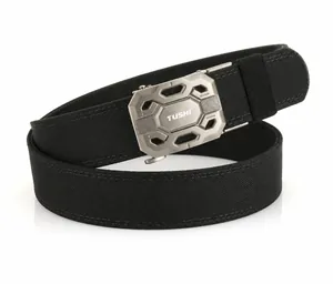 Close-up of black double-layer nylon tactical belt with matte zinc alloy buckle and honeycomb texture