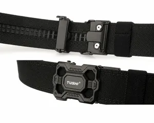 Detail view of tactical nylon belt with adjustable metal automatic buckle and logo