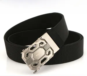Close-up of industrial style metal automatic buckle on black woven tactical nylon belt