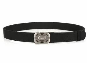 Detail of a black nylon tactical belt featuring a gray metal automatic buckle and logo