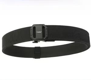 Detail of a black heavy-duty tactical nylon belt with automatic quick-release buckle