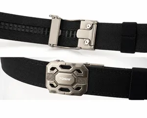 Detail view of double-layer nylon tactical belt with metal automatic buckle and logo
