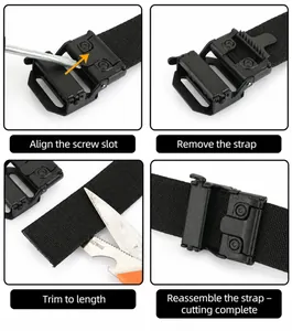 Instructional guide showing how to adjust and cut the black nylon tactical belt length