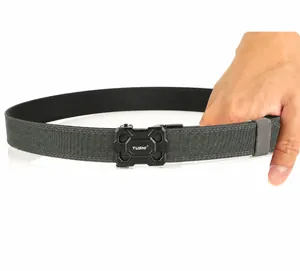 Close-up of durable nylon tactical belt with quick-release zinc alloy buckle and elastic loop