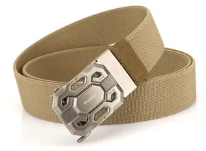 Close-up of khaki nylon tactical belt featuring a silver-grey alloy automatic buckle