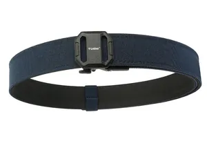 Detail of navy blue tactical nylon belt with matte black automatic buckle and texture