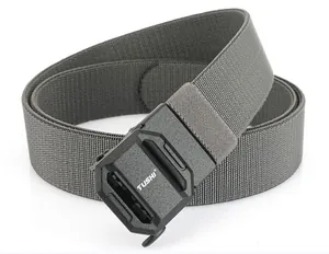 Close-up of grey nylon tactical belt with matte black automatic buckle and TUSHI logo
