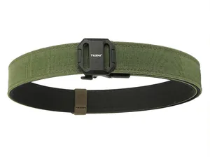 Detail view of military green double-layer nylon tactical belt with TUSHI buckle
