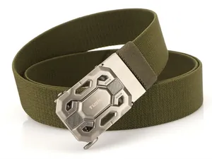 Detailed view of heavy-duty military green tactical nylon belt with automatic metal buckle
