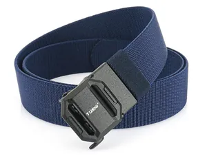 Detail of navy blue tactical nylon belt with matte black automatic buckle and woven texture
