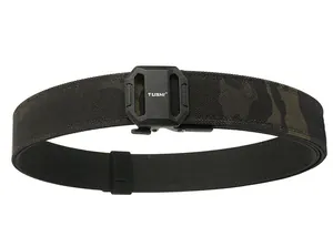 Close-up of tactical nylon belt featuring camo pattern and TUSHI brand buckle detail