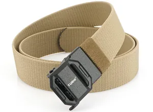 Close-up of the khaki nylon tactical belt featuring a black TUSHI quick-release buckle