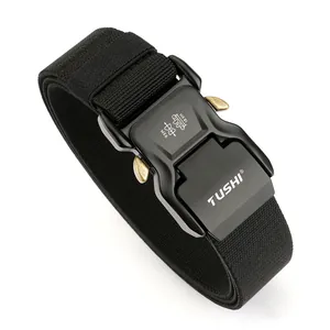 Black tactical elastic belt with 3.8cm quick release aluminum alloy buckle on white background