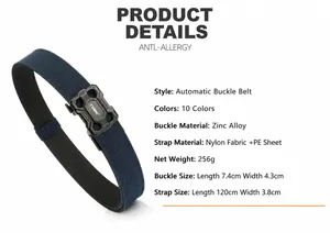 Detailed size specifications for a 120cm blue nylon belt with automatic zinc alloy buckle