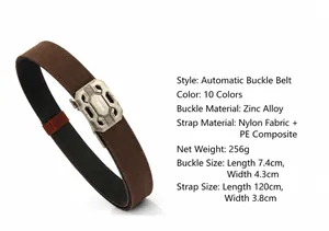 Detail of coffee nylon tactical belt with zinc alloy buckle and size specifications