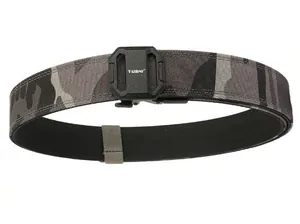 Close-up of double-layer nylon tactical belt with dark grey camo pattern and buckle