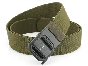 Macro detail of army green nylon tactical belt with a black matte quick release buckle