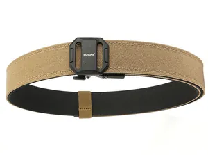 Macro view of khaki double-layer nylon tactical belt with a black TUSHI buckle