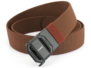 Detailed view of brown elastic woven tactical belt featuring a black TUSHI buckle