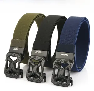 Detailed view of elastic nylon tactical belts in army green, black, and navy blue colors