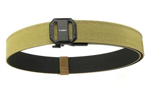 Detail of khaki tactical nylon belt showing the black quick-release buckle with TUSHI logo