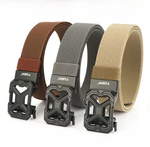 Detailed view of elastic woven tactical belts with zinc alloy automatic buckles in three colors