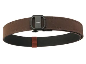 Close-up of brown nylon tactical belt with matte black buckle featuring TUSHI logo