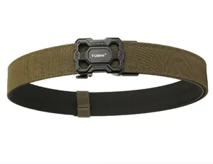 Detail of army green nylon tactical belt with black automatic buckle and TUSHI logo