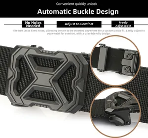 Detail of black tactical elastic woven belt with automatic X-shaped buckle and no-hole design