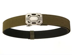 Close-up of TUSHI tactical nylon belt with durable metal alloy buckle in army green color