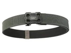 Detail of durable double-layer nylon tactical belt with a sturdy automatic metal buckle