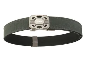 Detailed close-up of the TUSHI tactical double-layer nylon belt with a matte zinc alloy buckle