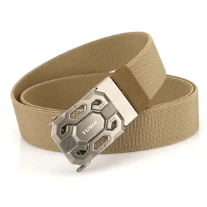 Khaki nylon tactical belt with 3.8cm alloy automatic buckle for outdoor training gear