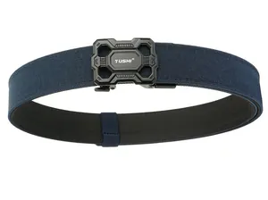 Close-up of a navy nylon tactical belt with a black automatic buckle and TUSHI logo