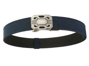 Tactical navy nylon belt with matte silver automatic metal buckle and sturdy texture