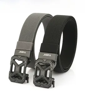 Detail view of 3.8cm wide elastic woven tactical belts with matte metal auto buckles
