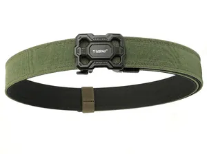Detail of olive green tactical nylon belt showing the black automatic alloy buckle and texture