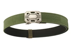 Detail of army green heavy-duty nylon tactical belt with industrial metal buckle