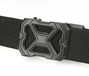 Detail of matte black zinc alloy buckle with quickdraws system on woven tactical belt