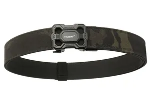 Close-up of dual-layer tactical nylon belt with camouflage pattern and quick-release buckle