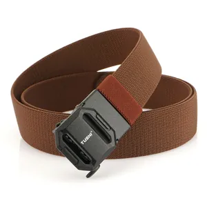 Men's brown nylon tactical belt with a heavy-duty buckle and elastic weave texture