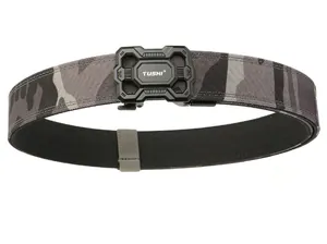 Detail of grey camouflage nylon tactical belt with matte black automatic buckle and logo