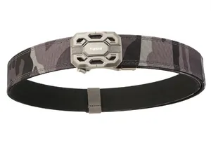 Detail shot of the TUSHI gray camouflage nylon tactical belt and matte metal buckle