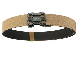 Close-up of dual-layer nylon tactical belt buckle with white brand logo detail