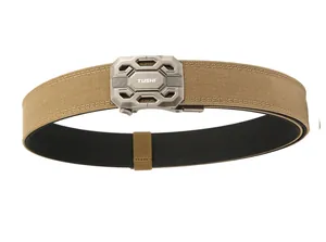 Detail of a khaki double-layered nylon tactical belt with a sturdy metal buckle and stitching
