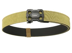 Close-up of military green nylon tactical belt with a black metal quick-release buckle