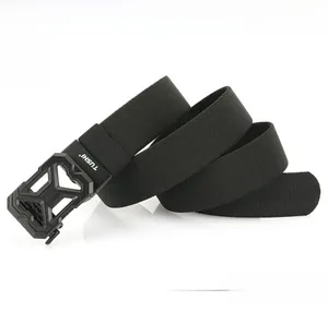 Detail view of the mechanical hollow buckle and textured thick nylon elastic belt