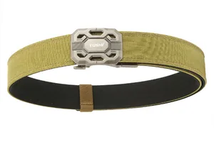 Detailed close-up of TUSHI tactical belt with thick dual-layer nylon and metal buckle